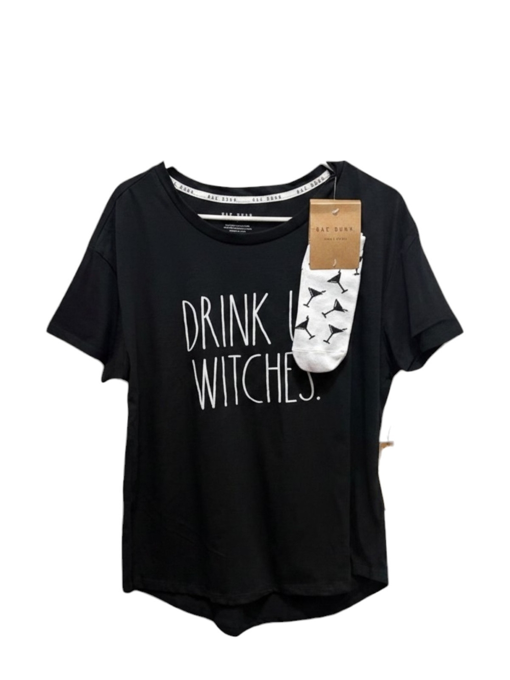 Rae Dunn Black 'Drink Witches.' Graphic Short Sleeve Tee With Socks NWOT